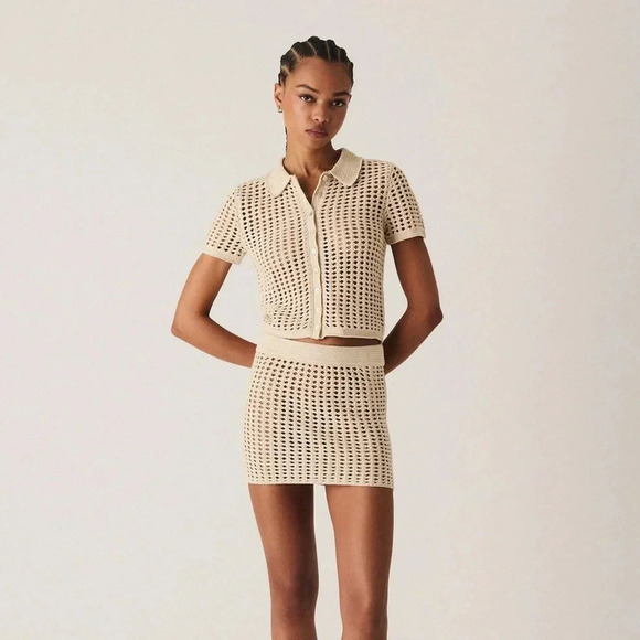 NWT Kith Rhea SET Polo Top and Skirt Crochet Knit Beige Tan 2024 NEW Mini Veil - Picture 5 of 12